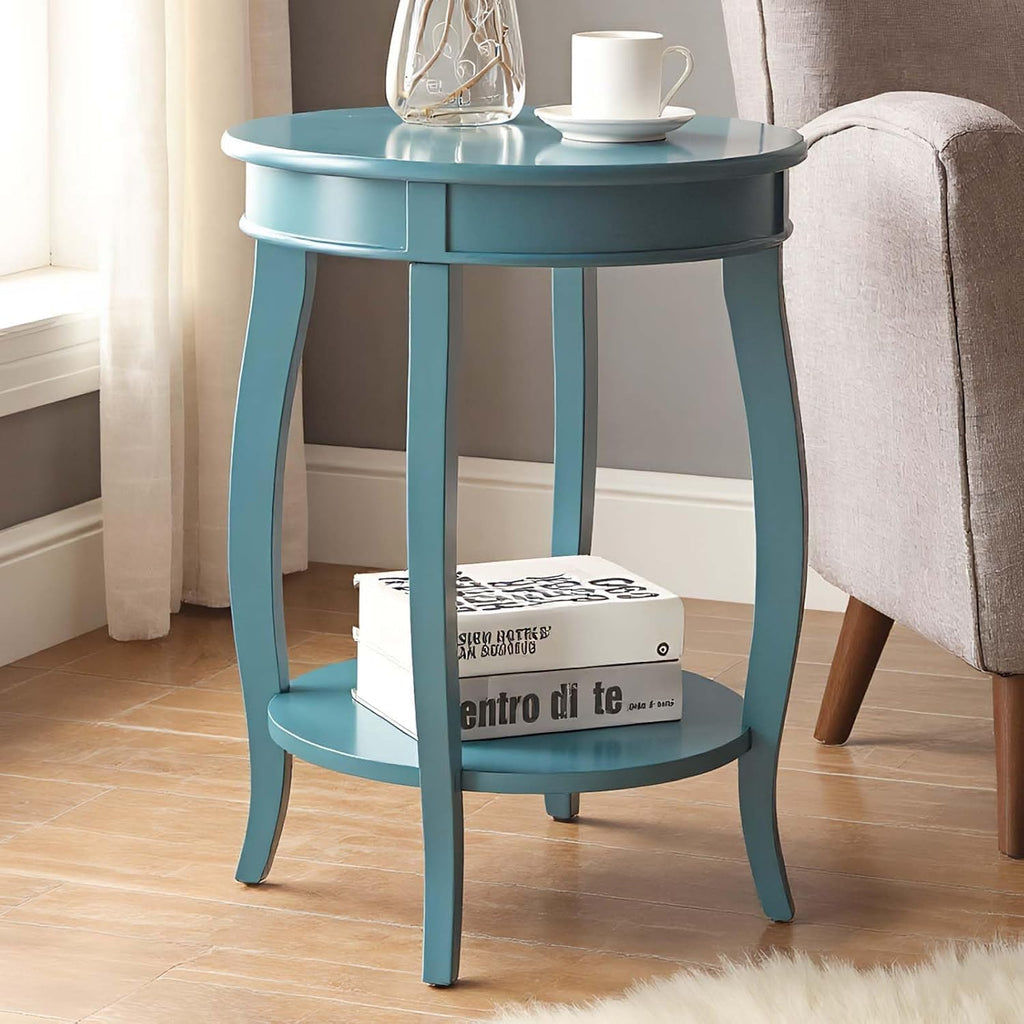 Small Accent Table with Storage, Round End Tables for Living Room, Wooden Circle Side Table for Small Spaces Bedroom Sofas Entryways, Easy to Assemble (Teal)