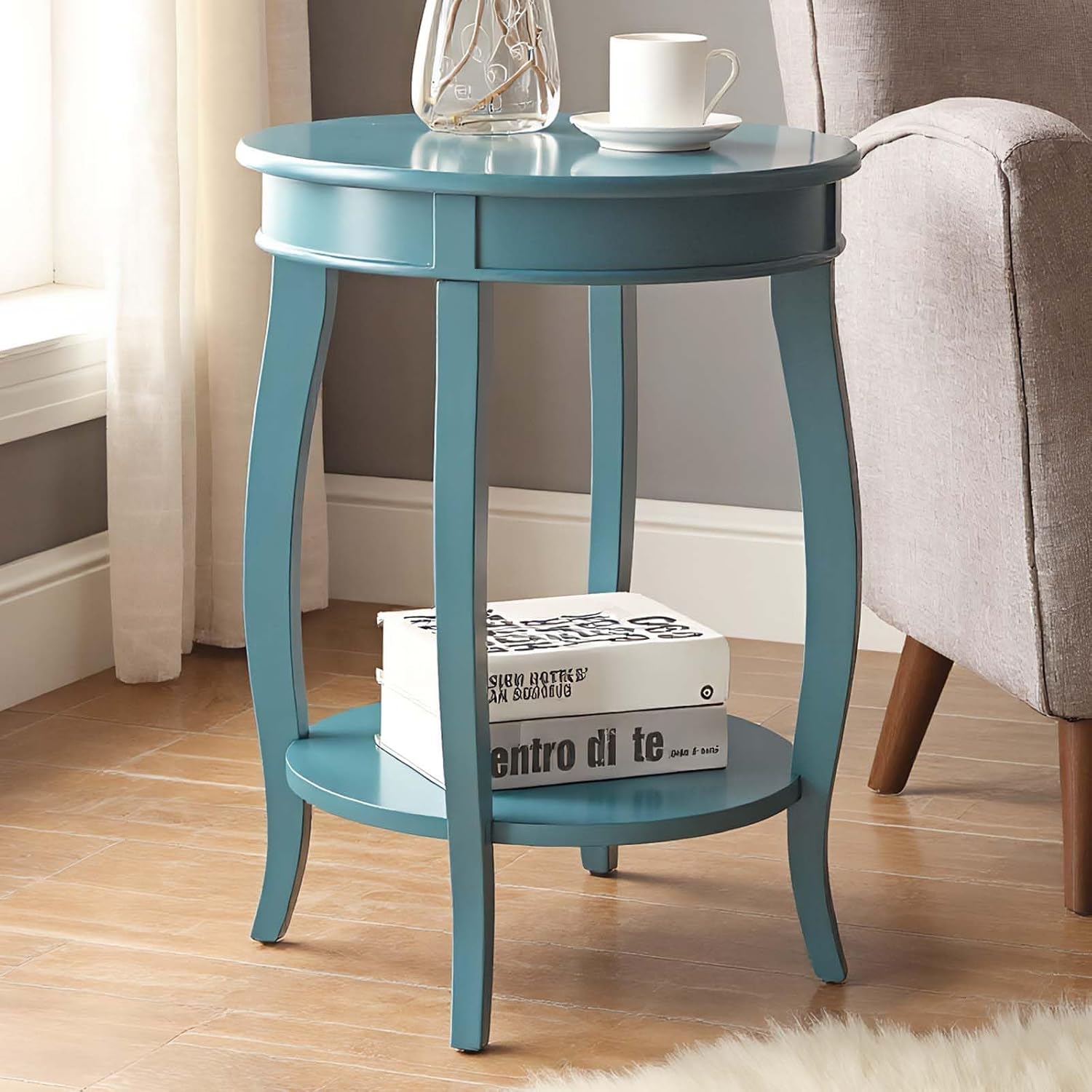 Small Accent Table with Storage, Round End Tables for Living Room, Wooden Circle Side Table for Small Spaces Bedroom Sofas Entryways, Easy to Assemble (Teal)