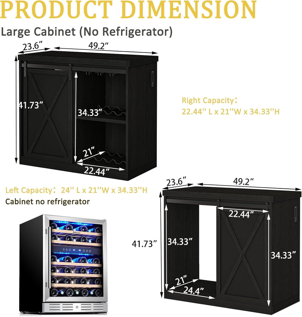 Coffee Bar Cabinet with Mini Fridge Space, 49.2'' Farmhouse Kitchen Buffet Hutch with Power Outlet, Fridge Cabinet with Sliding Barn Door, Wine Rack, Glass Holder for Kitchen Dining Room (Black)