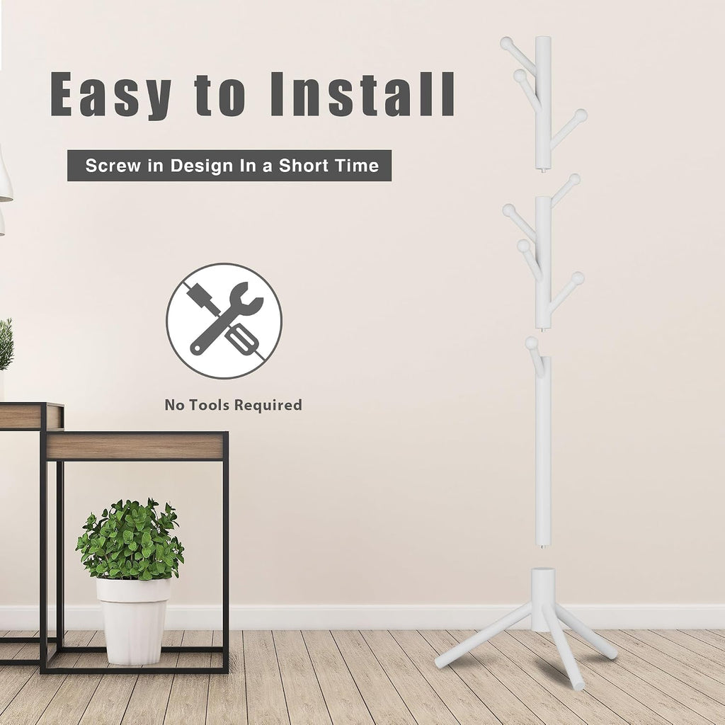 8-Hook Freestanding Coat Rack 3 Heights Safe Round Tips White | Smooth Round Tips Prevent Slipping,Tool-Free Assembly,Holds Clothes Hats Handbags,Ideal for Entryway Bedroom Hallway Office