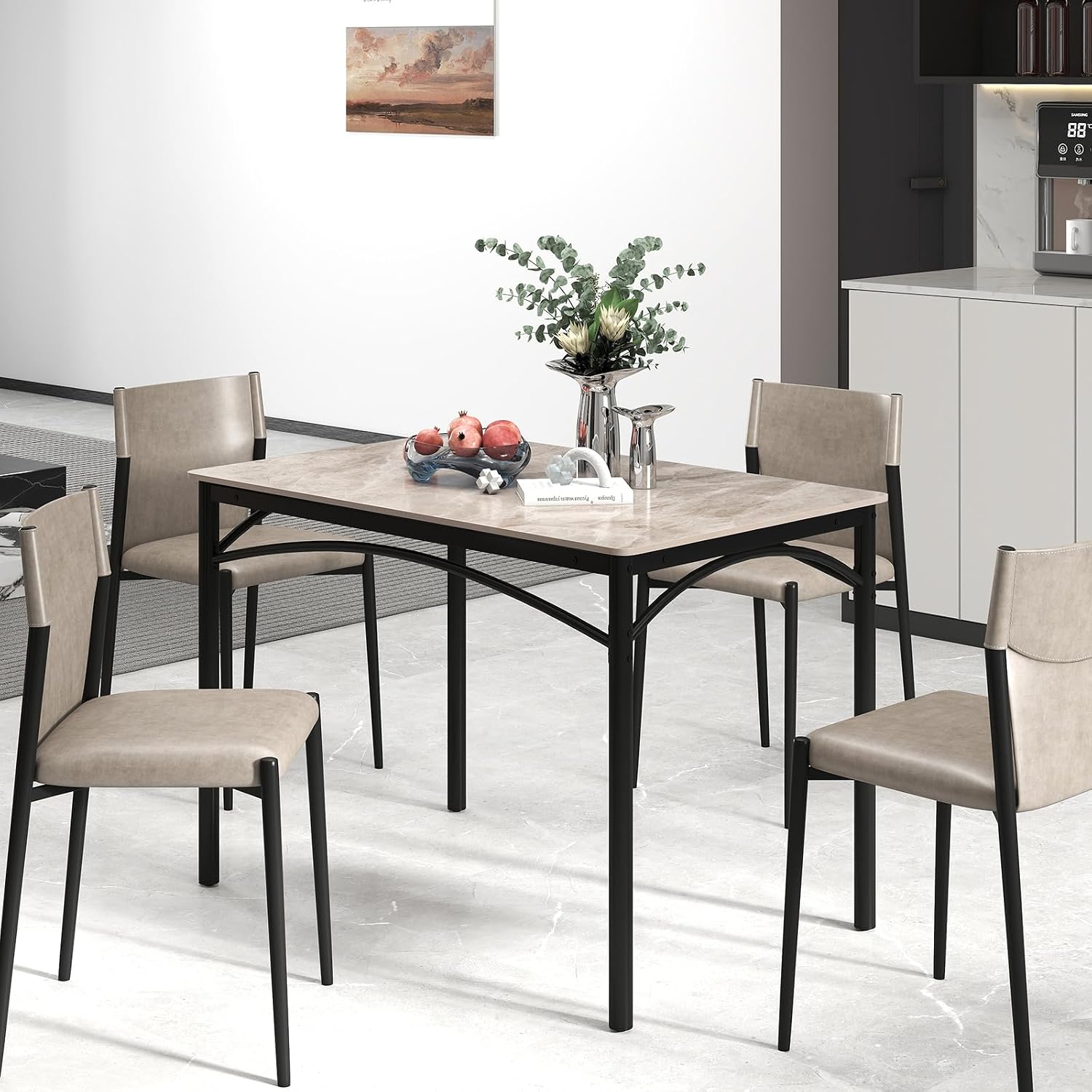 GOFLAME 43” Sintered Stone Dining Table for 4, Rectangular Kitchen Table with Faux Marble Tabletop and Metal Frame, Modern Dining Room Table for Kitchen, Living Room, Restaurant