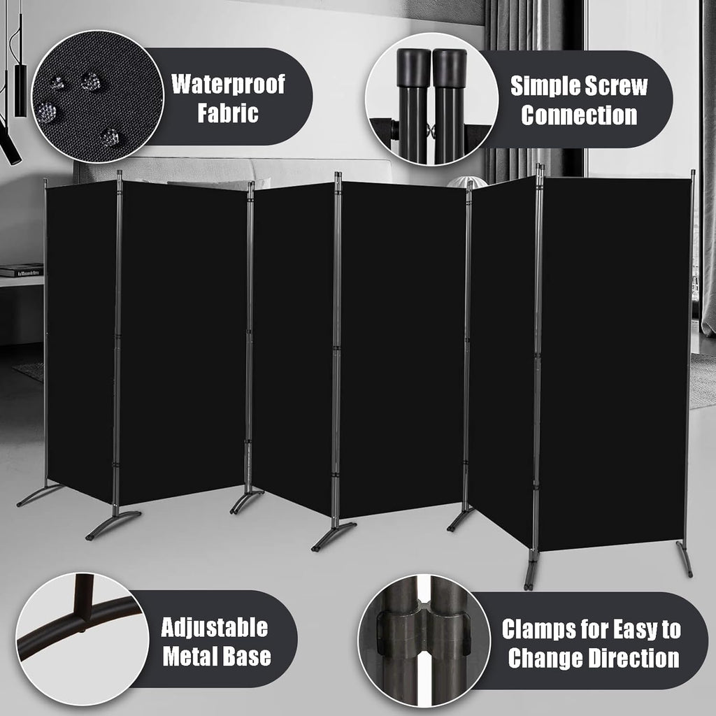 Room Divider-Folding Privacy Screens, 6 ft Partition Room Dividers Wall for Separation, Home, Office, Classroom, Studio (Black, 6 Panel)
