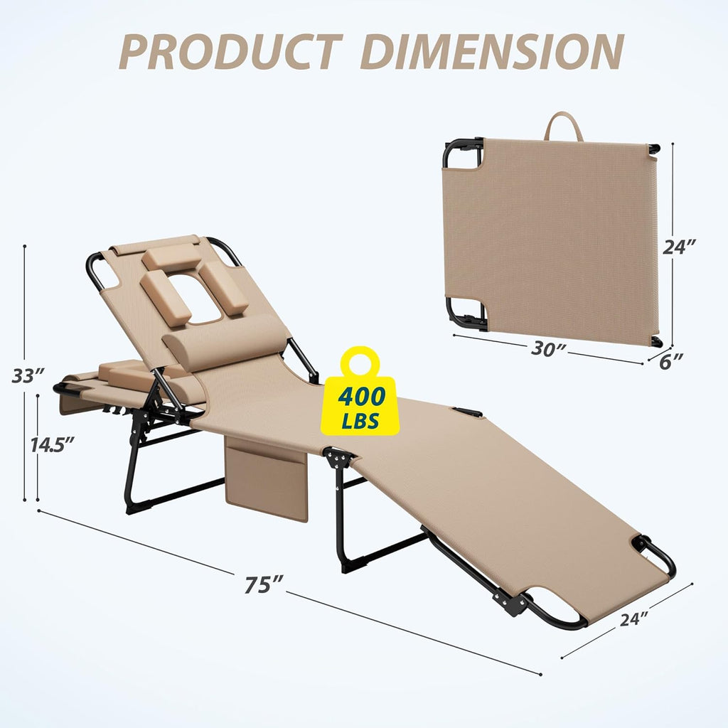 400lbs Tanning Chair with Face Hole, 5-Position Folding Chaise Lounge Chair with Side Pockets, Portable Beach Lounge Chair for Outdoor Sunbathing Patio Pool Lawn, Beige
