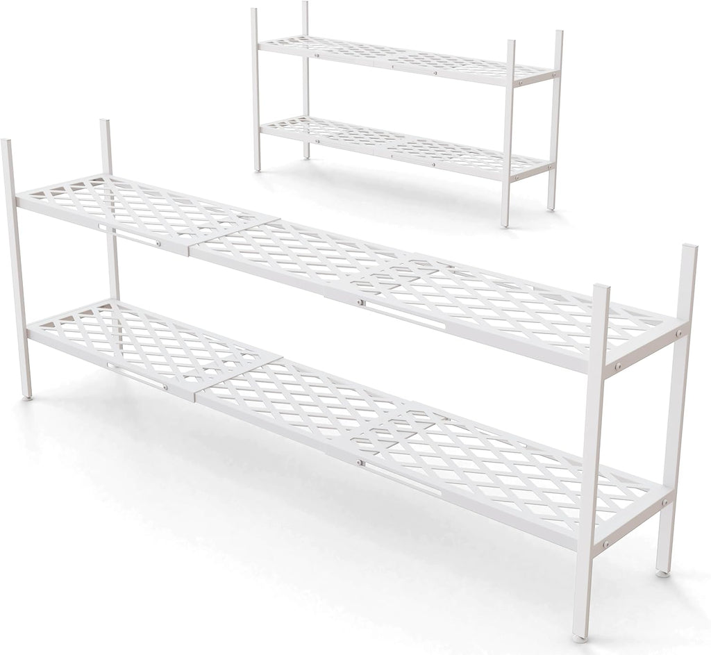 Shoe Rack, Expandable Shoes Organizer Metal Shelf Stand, 2 Tier Stackable Long Shoe Storage Holder For Closet, Floor, Entryway, Garage, Bedroom, Door Entrance For 12-18 Pairs, 45.6 inches White