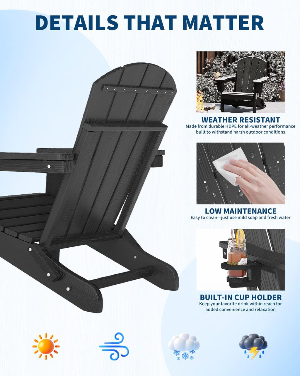 Garvee Folding Adirondack Chair Set of 4, HDPE Outdoor Patio Chair with Cup Holder, All Weather Resistent Wooden Textured for patios, Decks, Gardens, fire Pit, Black
