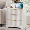 Fluted Nightstand with Charging Station and 3 Drawers | Metal Handles, Large Bedside Table, Bedroom, Charging Stations With USB-C Port, White