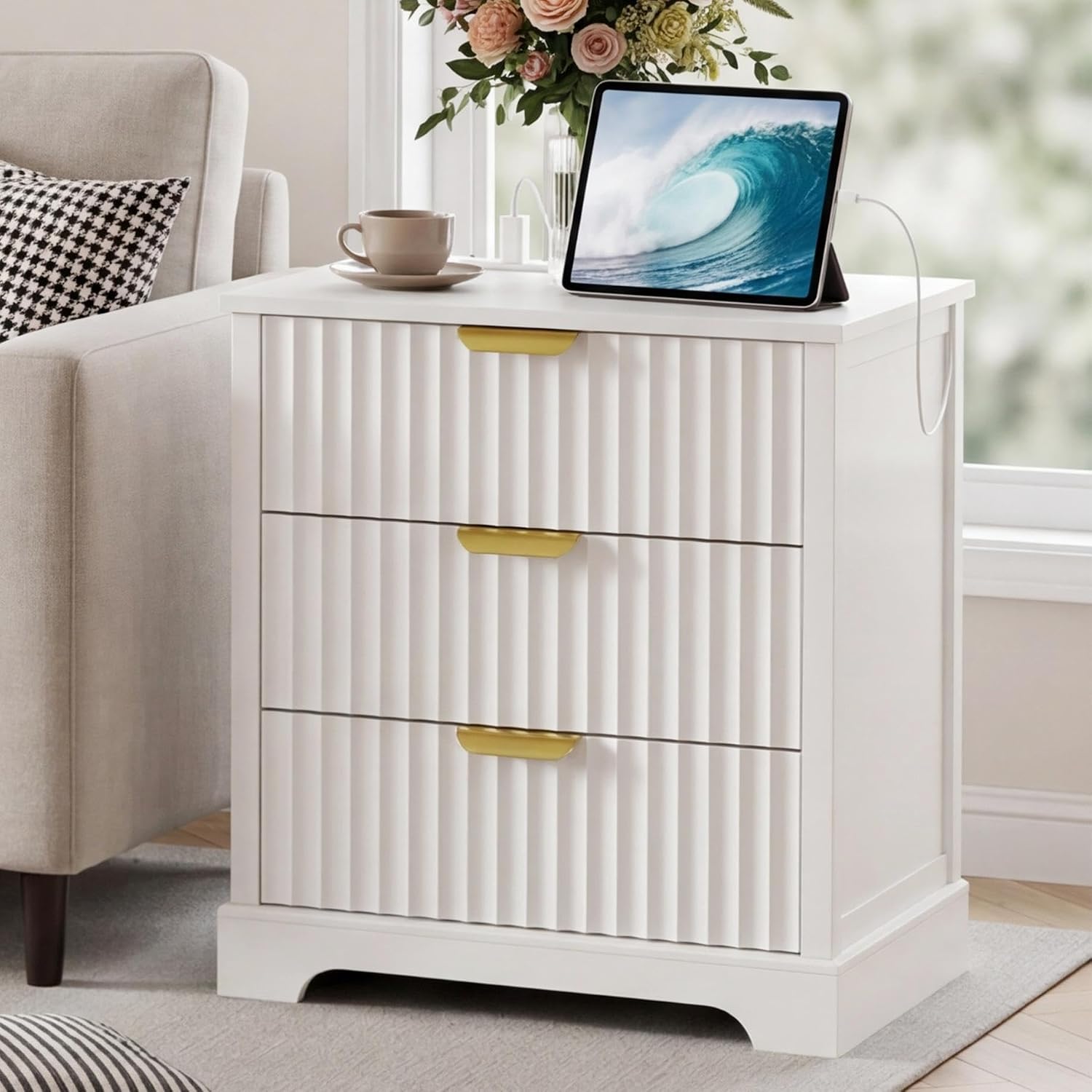 Fluted Nightstand with Charging Station and 3 Drawers | Metal Handles, Large Bedside Table, Bedroom, Charging Stations With USB-C Port, White