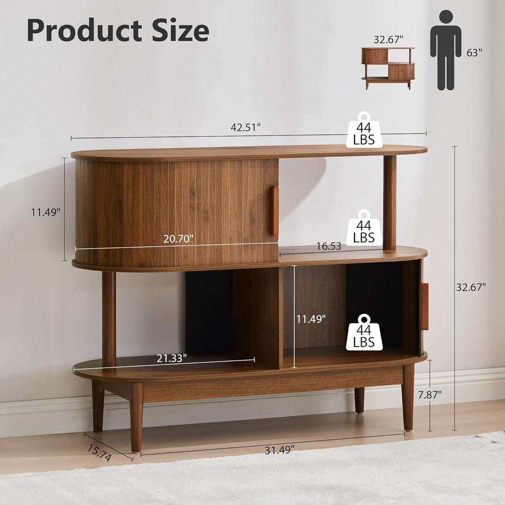 42.5'' Buffet Cabinet with 2 Open Storage, Oval Sideboard Cabinet with Sliding Doors Modern Accent Coffee Bar Wood Kitchen Storage Cabinets for Kitchen, Living Room, Hallway (Walnut)