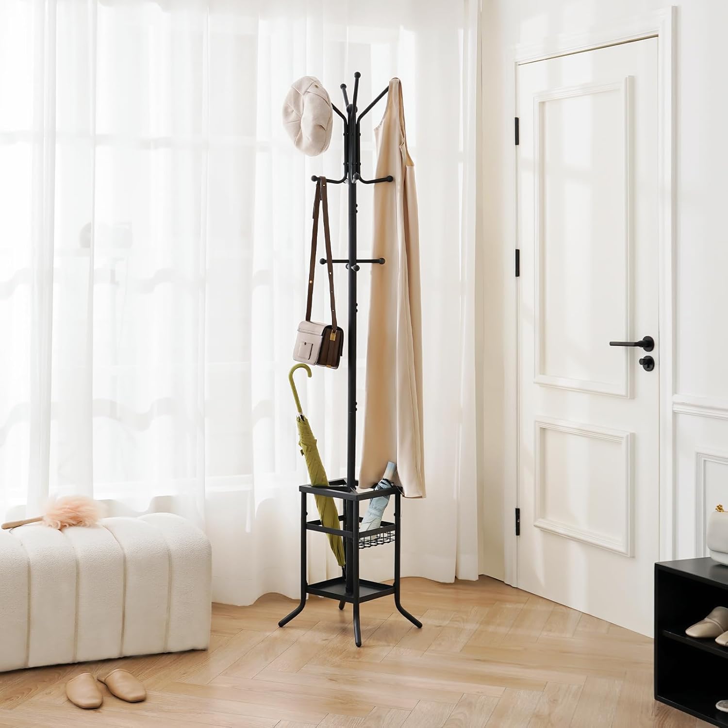 Yoobure Coat Rack Freestanding - Coat Tree with Umbrella Holder, Metal Coat Rack Stand with 12 Hooks, Modern Coat Hanger Stand for Entryway, Purse Rack Hat Rack Stand for Living Room Bedroom Office