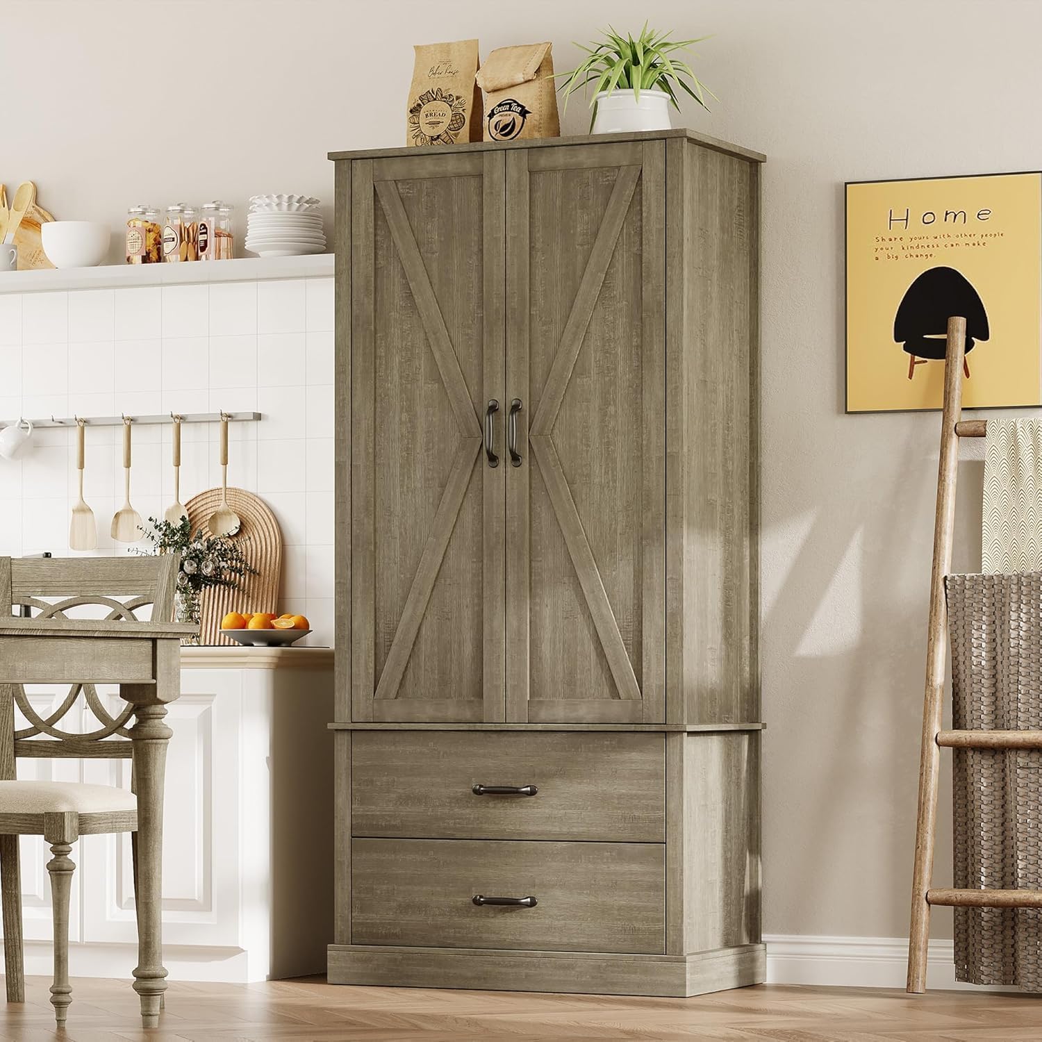 IDEALHOUSE Kitchen Pantry Cabinet, Freestanding Tall Hutch with Barn Doors, Drawer and 2 Adjustable Shelves for Dining Room, Kitchen, Grey