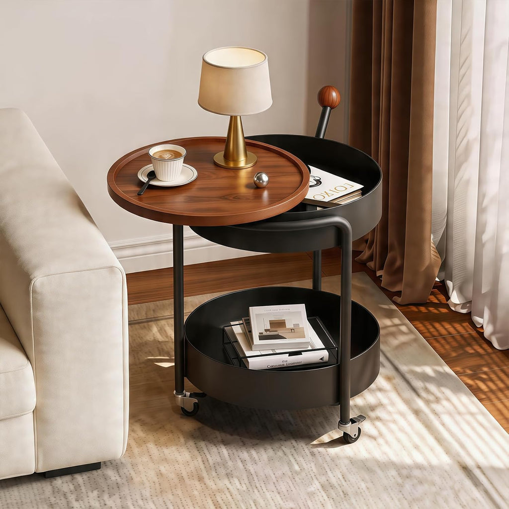 Mid-Century Modern Round Side Table, 2-Tier Mobile Sofa End Table with Rotatable Expandable Solid Wood Tabletop, Metal Frame Rolling Nightstand with Wheels for Living Room Bedroom，Black & Walnut
