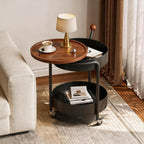 Mid-Century Modern Round Side Table, 2-Tier Mobile Sofa End Table with Rotatable Expandable Solid Wood Tabletop, Metal Frame Rolling Nightstand with Wheels for Living Room Bedroom，Black & Walnut