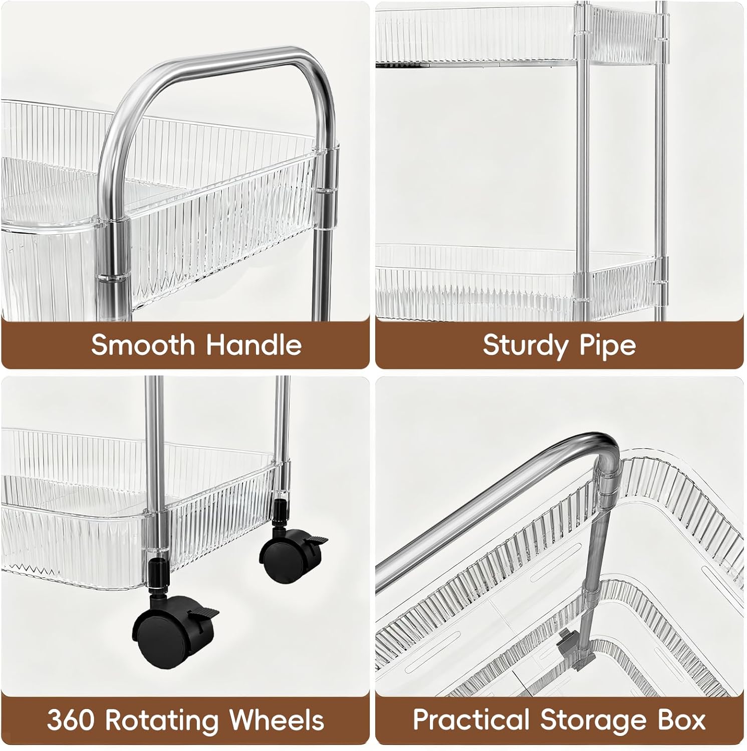 STARLATTA 3 Tier Rolling Cart with Lockable Wheels, Clear Acrylic Utility Trolley with Handle, Heavy-Duty Storage Organizer for Kitchen Bathroom Nursery Laundry - Snack Book Craft Organizer (Clear)
