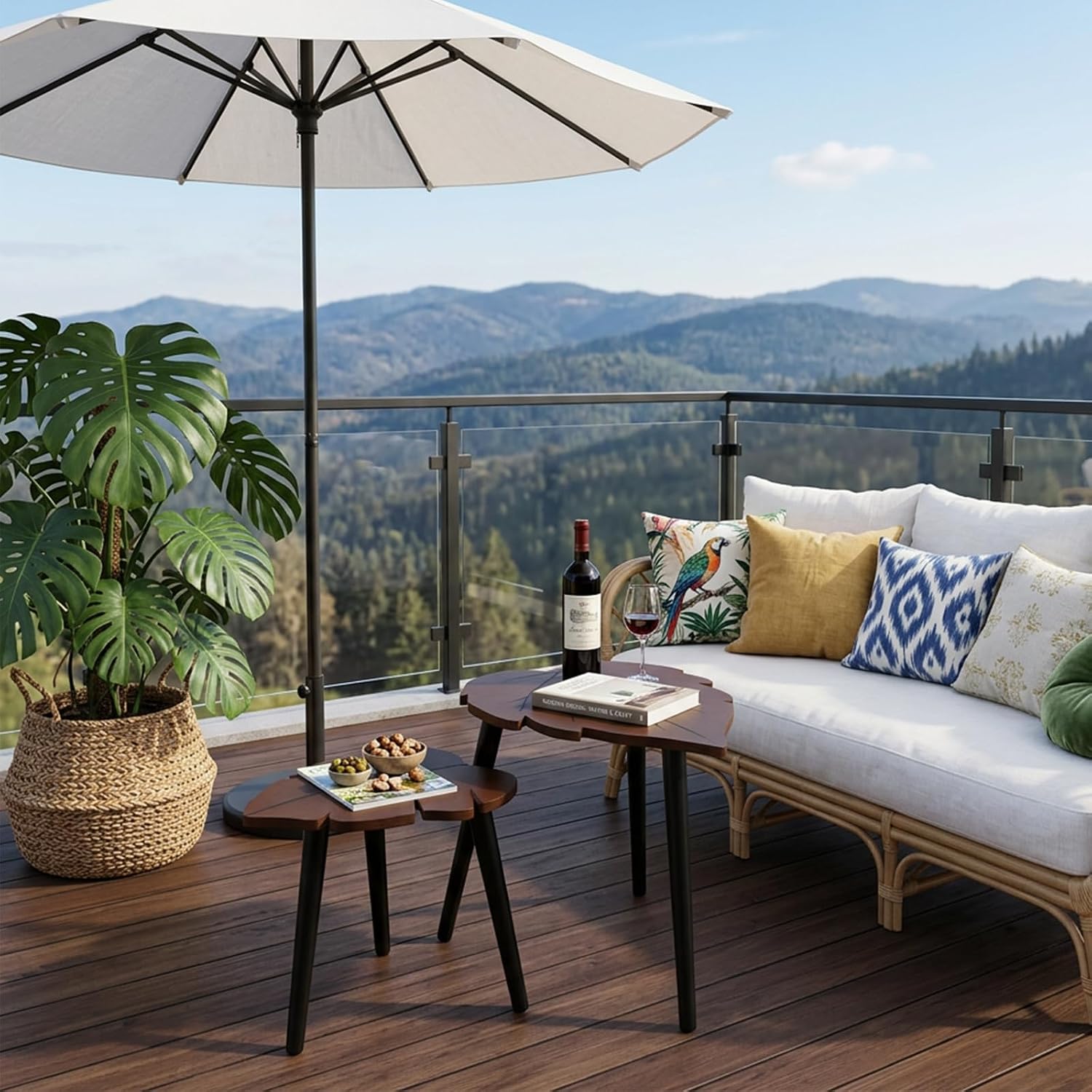 Nesting Coffee Table Set of 2, Monstera Leaf Wooden Side Tableble | Stacking Minimalist End Table for for Living Room Bedroom Apartment Balcony Yard Small Space, Sturdy and Easy Assembly, Brown