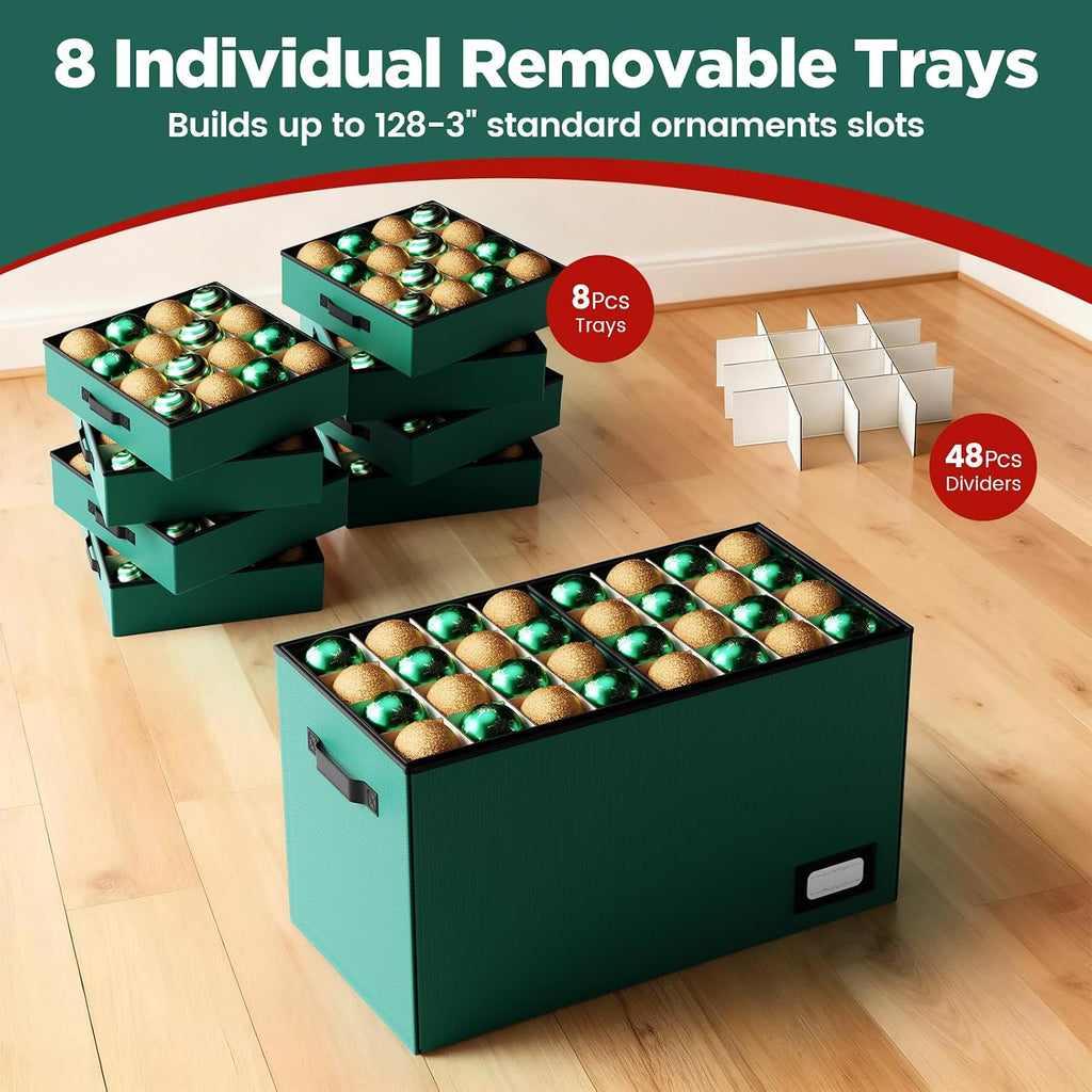 Christmas Ornament Storage Box, Ornament Organizer Storage box with Lids and Adjustable Dividers, Store Up to 128-3" Ornaments, Large Holiday Decor Storage Container with 8 Stackable Trays, Green