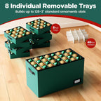 Christmas Ornament Storage Box, Ornament Organizer Storage box with Lids and Adjustable Dividers, Store Up to 128-3" Ornaments, Large Holiday Decor Storage Container with 8 Stackable Trays, Green
