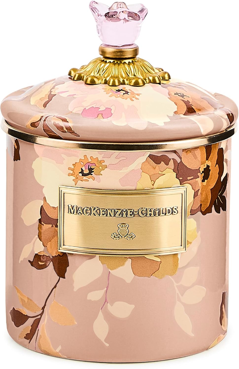MACKENZIE-CHILDS Enamel Canister, Kitchen Storage Container with Lid, Small, 38-Ounce Capacity, Wild Rose Mauve