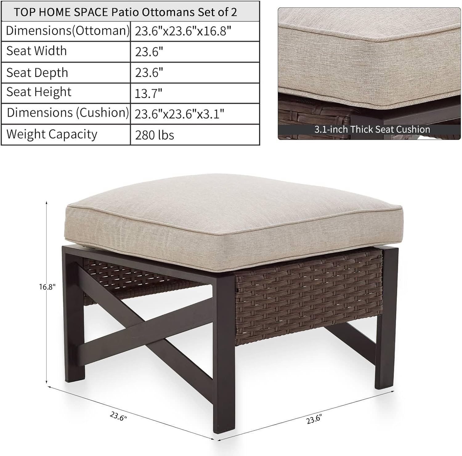 Outdoor Cushioned Ottoman Square Wicker Patio Furniture Ottoman with Beige Cushion Metal Steel Frame