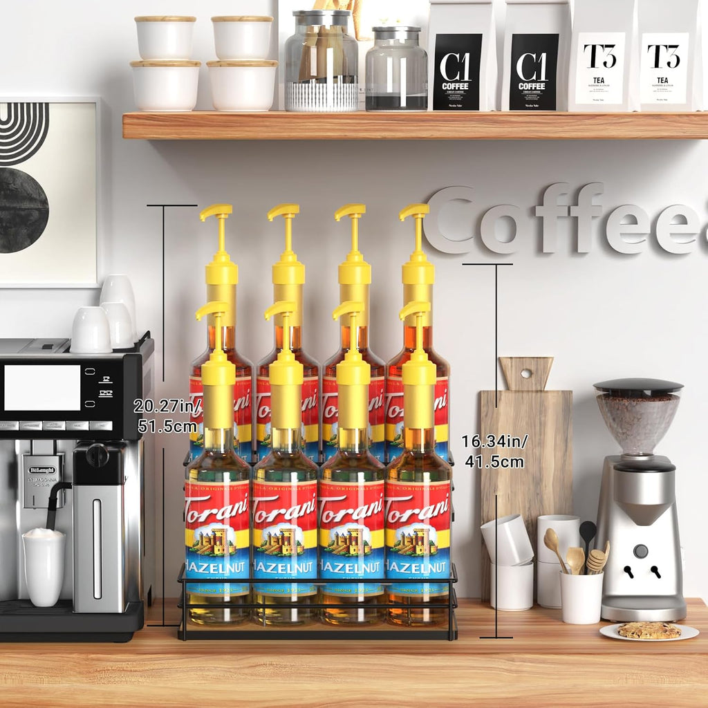 THYGIFTREE Coffee Syrup Rack Organizer 8 Bottle Syrup Holder Stand 2-Tier Syrup Storage Shelves Wine Rack for Kitchen Coffee Bar Station