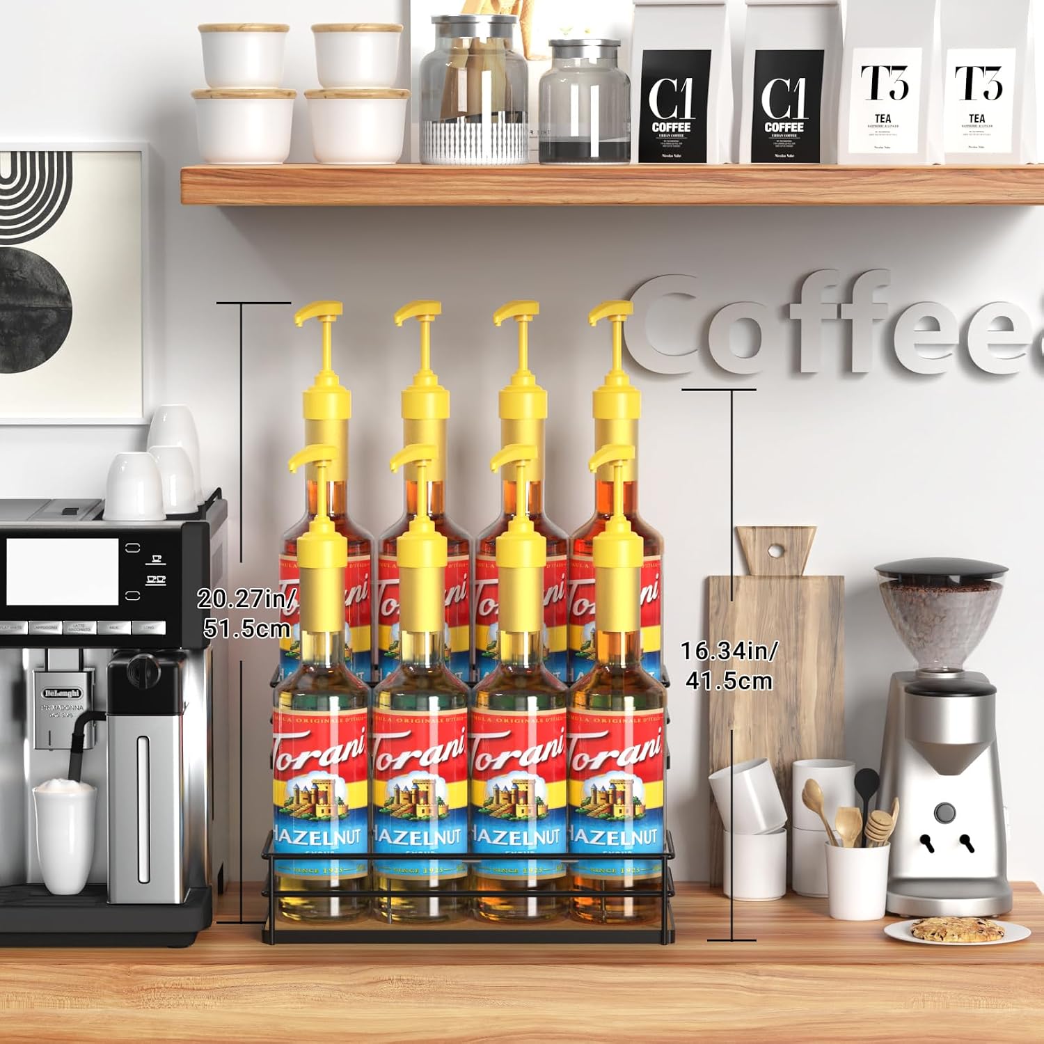 THYGIFTREE Coffee Syrup Rack Organizer 8 Bottle Syrup Holder Stand 2-Tier Syrup Storage Shelves Wine Rack for Kitchen Coffee Bar Station