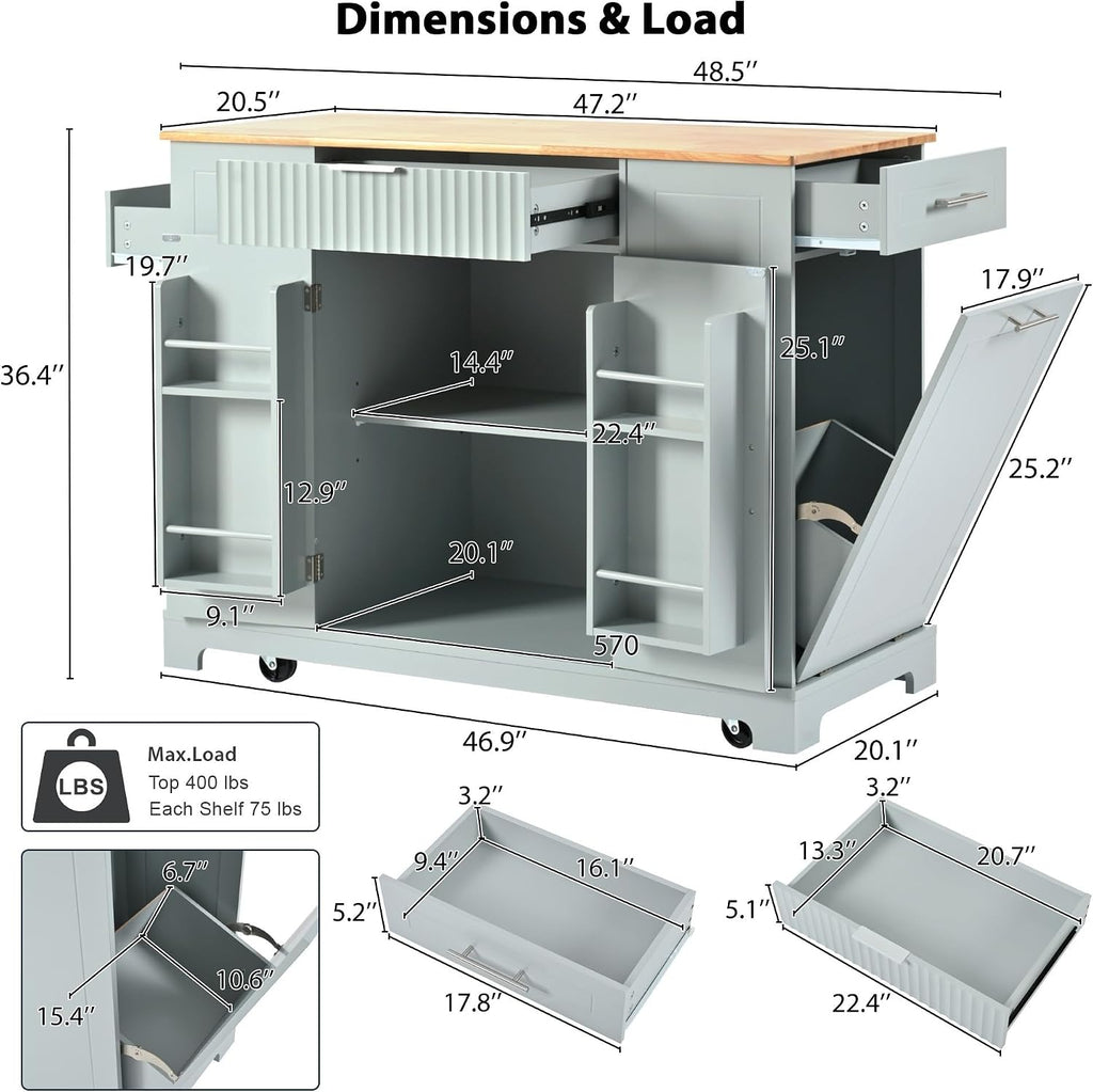 Kitchen Island with Trash Can Storage Cabinet and Power Outlet, Rolling Kitchen Cart on Wheels with Internal Storage Rack, Drawers, Open Side Racks for Dining Room (48.5", Grey Blue)