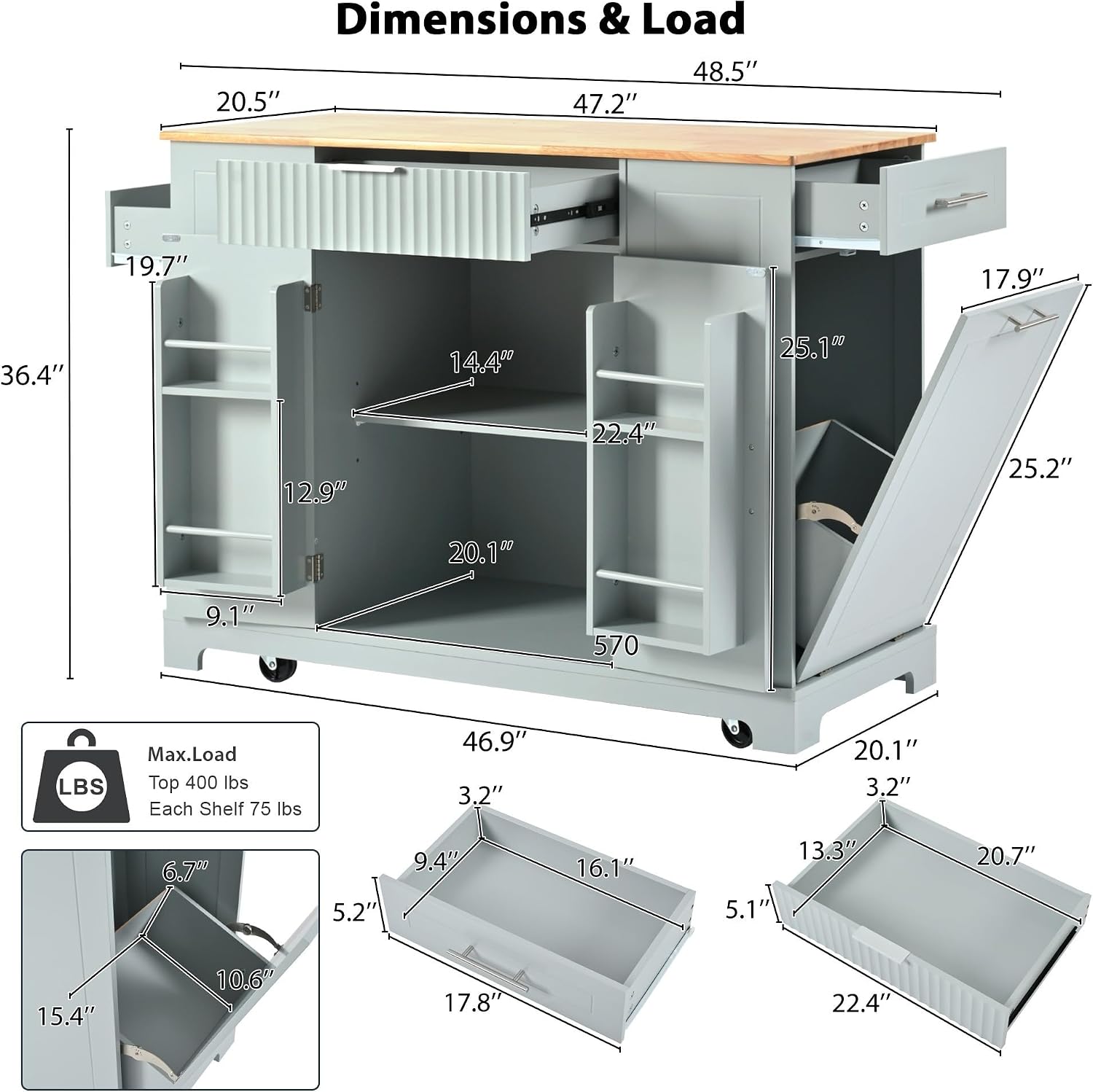Kitchen Island with Trash Can Storage Cabinet and Power Outlet, Rolling Kitchen Cart on Wheels with Internal Storage Rack, Drawers, Open Side Racks for Dining Room (48.5", Grey Blue)