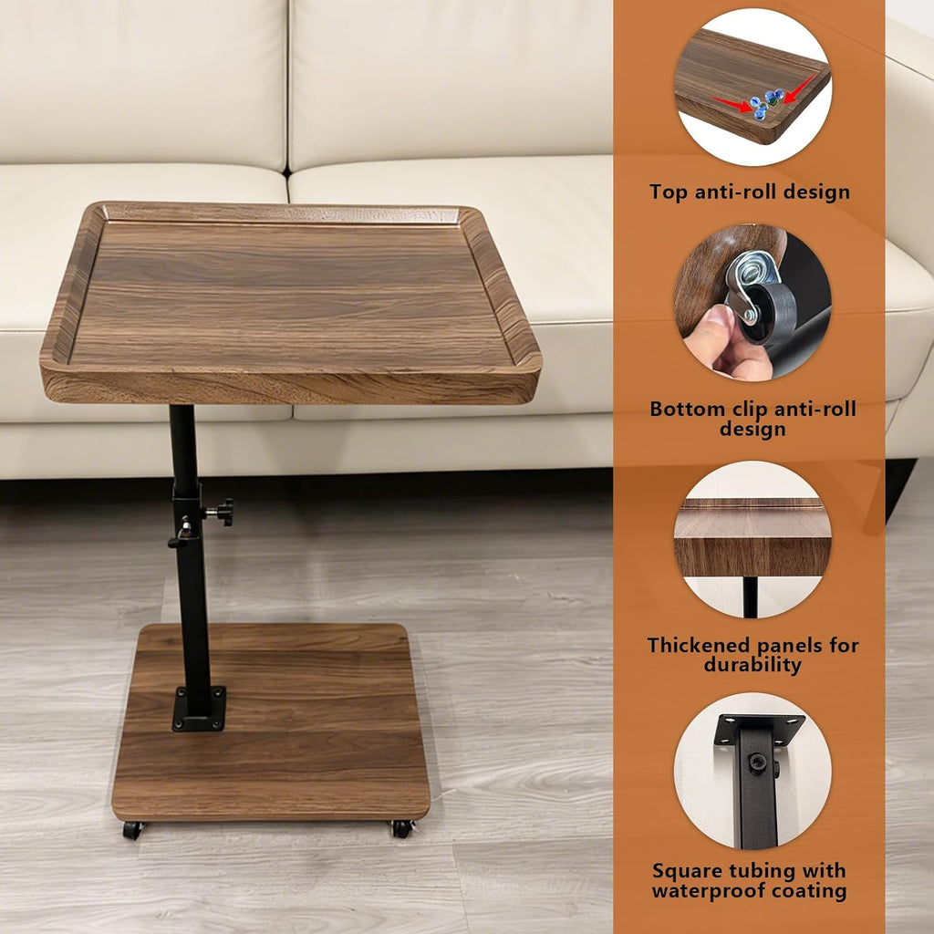 TV Tray Table with Phone Stand & Non-Slip Mat, C Table End Table Height Adjustable, 360° Swivel Side Table with Wheels, Slide Under Sofa Table for Couch Bed Recliner Living Room Small Spaces (1 set)
