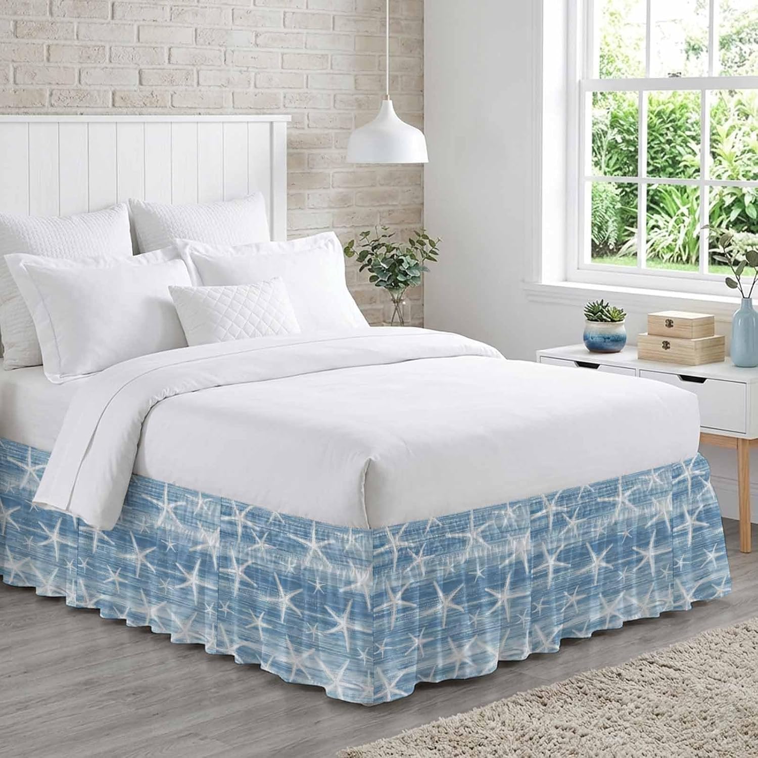 Blue Coastal Starfish Bed Skirt Queen Size 16 Inch Drop, Adjustable Elastic Bedskirt Dust Ruffle for Queen Bed, Nautical Summer Beach Ocean Wrap Around Bed Skirts Luxurious Pleated Bed Frame Cover