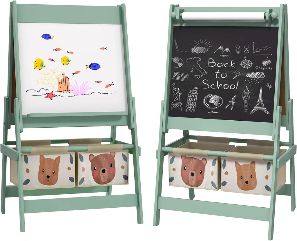 Art Easel for with Paper Roll, 3 in 1 Toddler Painting Easel with Blackboard, Whiteboard, Storage Baskets, Green LB862