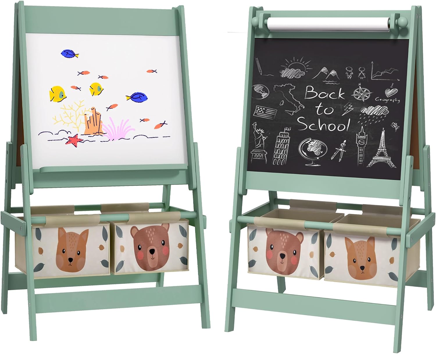 Art Easel for with Paper Roll, 3 in 1 Toddler Painting Easel with Blackboard, Whiteboard, Storage Baskets, Green LB862
