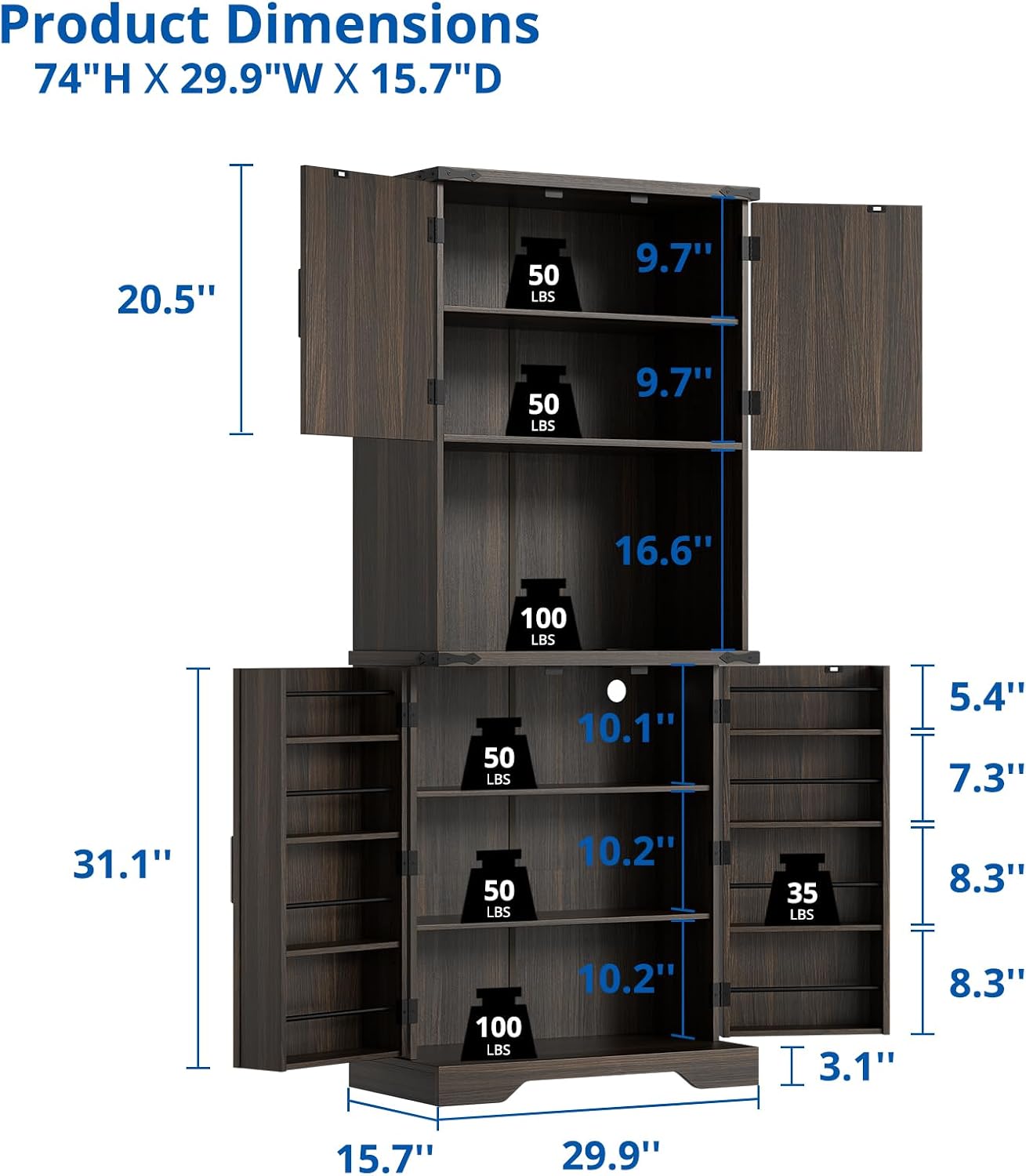 Cozy Castle 74" Farmhouse Pantry Cabinet with Charging Station, Tall Kitchen Storage Hutch Cabinet Coffee Bar Workstation, Sideboard Buffet Cupboard for Dining Room Living Room Furniture, Dark Brown