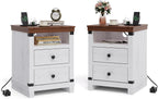 Garvee Farmhouse Nightstand with Charging Station, Set of 2 Modern Bedside End Table with 2 Drawers, USB Ports & Outlets, White Accent Table for Bedroom & Living Room, 18.11" w