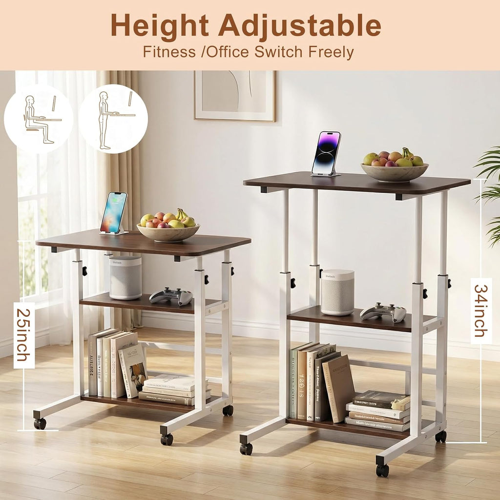 Portable Rolling Desk on Wheels with Adjustable Height, Compact Laptop & Small Computer Desk for Bedroom, Home Office with Storage Shelves and Phone Holder (Walnut)