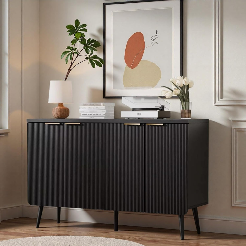 47.2" Modern Fluted Sideboard Cabinet with 4 Doors, Wood Storage Credenza with Shelves, Multi-Purpose Buffet Cabinet for Entryway, Dining & Living Room, Black