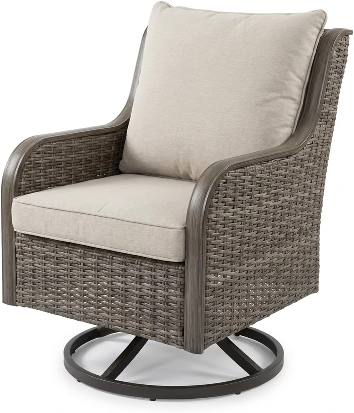 Swivel PE Wicker Chair, Outdoor Patio Chair with 360° Rotation & Water-Resistant Cushion for Porch, Deck, Balcony – All-Weather Handwoven Design (Beige, 1PCS)