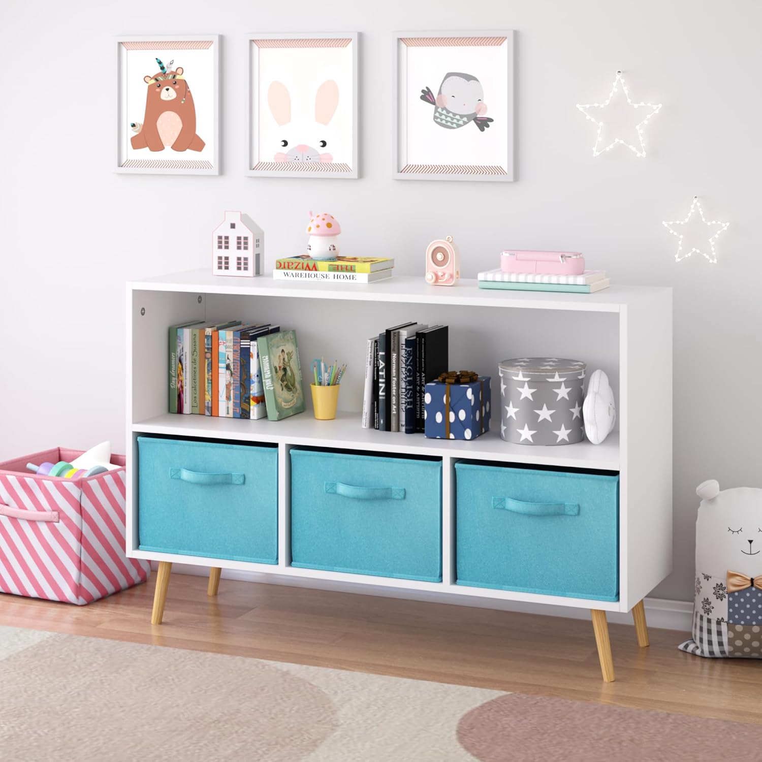 Bookcase with Collapsible Fabric Drawers, Book Display, Toy Storage Cabinet Organizer, White,Blue