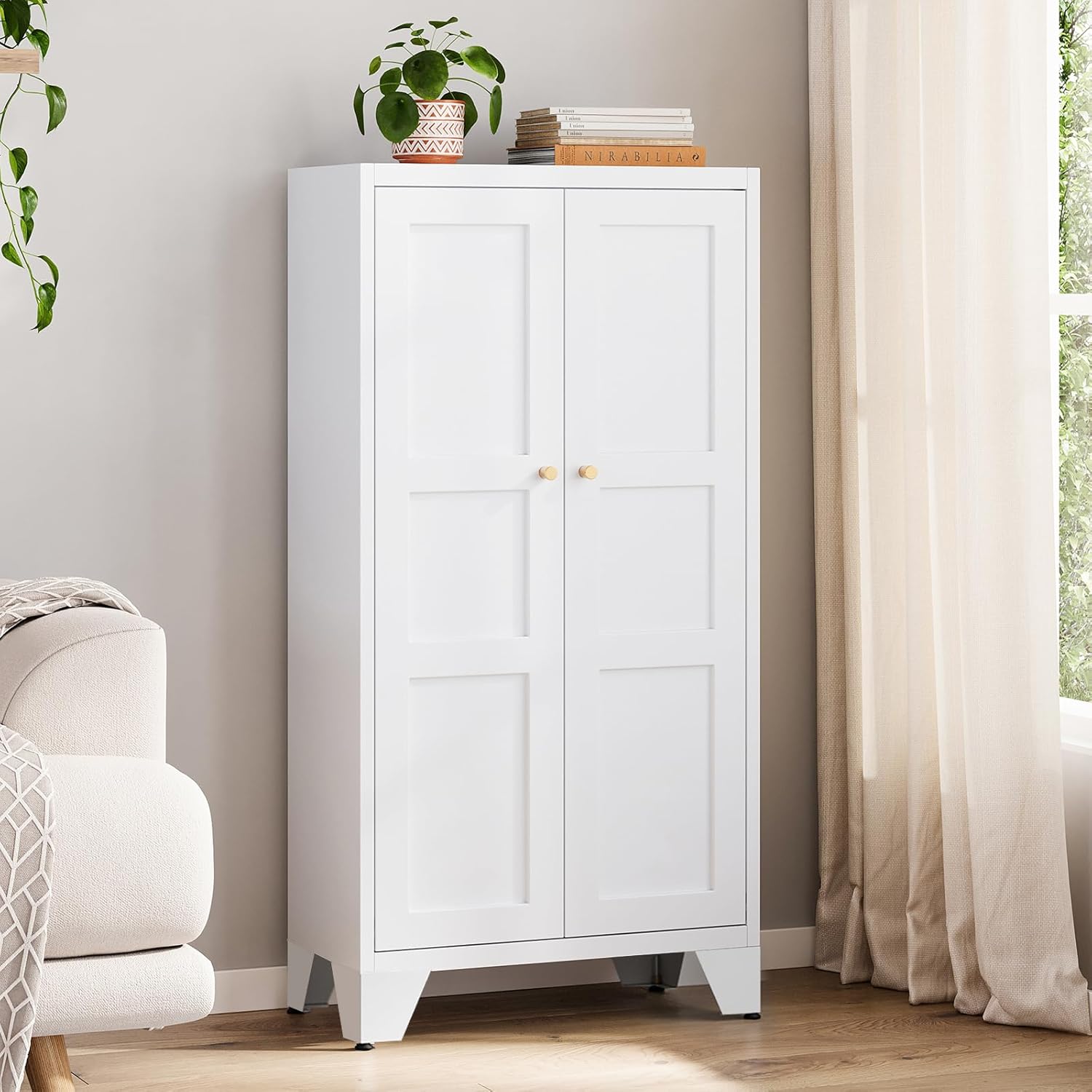 Yizosh Metal Storage Cabinet with Doors and 3 Adjustable Shelves - 47" White Kitchen Pantry Storage Cabinet Locker for Kitchen,Living Room,Dining Room