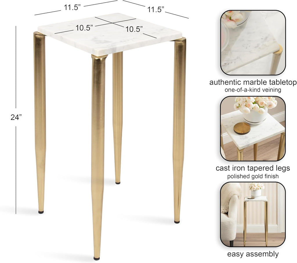 Kate and Laurel Lemaire Modern Square Marble Drink Table, 12 x 12 x 24, White Marble and Gold, Natural Marble Martini Table for Use as Small Plant Stand or Mini Nightstand
