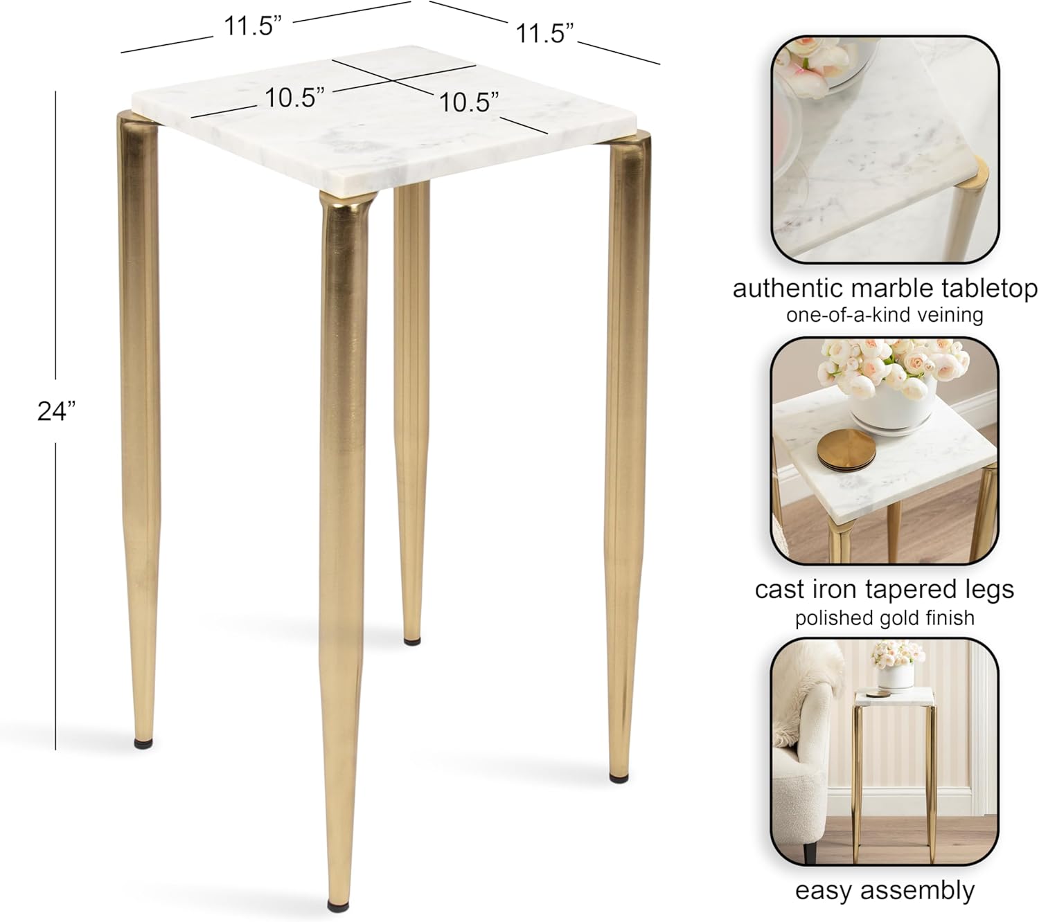 Kate and Laurel Lemaire Modern Square Marble Drink Table, 12 x 12 x 24, White Marble and Gold, Natural Marble Martini Table for Use as Small Plant Stand or Mini Nightstand