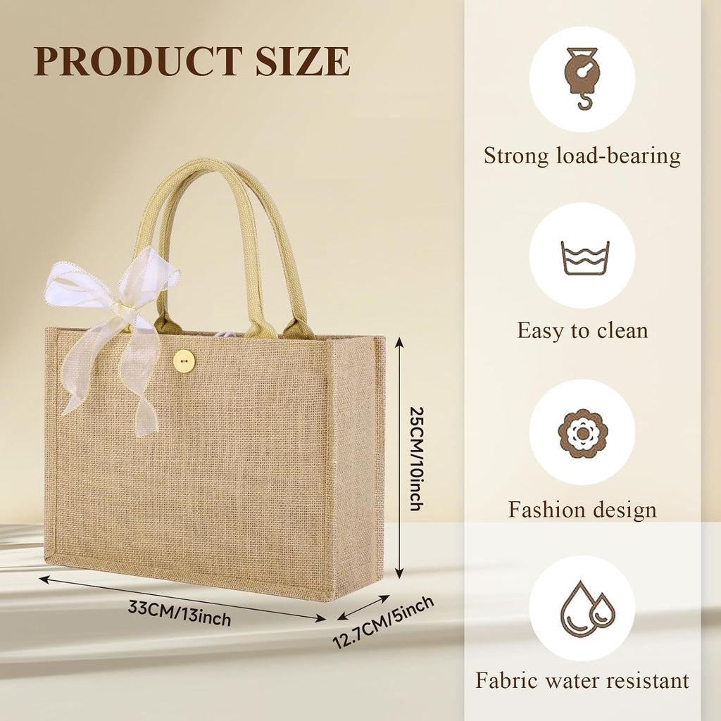 10pcs Burlap Tote Bag Set with Handles, Reusable Grocery Bags with Ribbon 13 x 9.5 x 4.7 Inch Waterproof Natural Jute Tote for Women Bridesmaid Gift Beach Shopping Wedding Travel DIY Embroidery