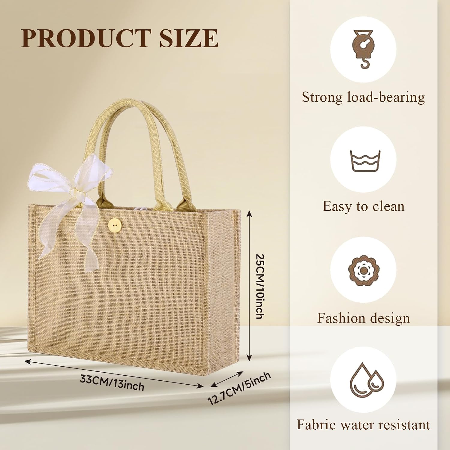 10pcs Burlap Tote Bag Set with Handles, Reusable Grocery Bags with Ribbon 13 x 9.5 x 4.7 Inch Waterproof Natural Jute Tote for Women Bridesmaid Gift Beach Shopping Wedding Travel DIY Embroidery