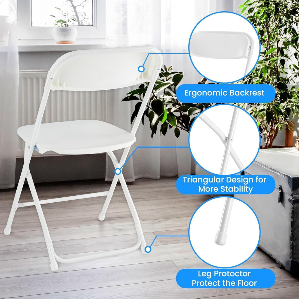 Simple Deluxe 4-Pack Folding Plastic Chair, Foldable Stackable Portable Seat with Metal Frame 330lb Capacity, Outdoor/Indoor Commercial for Party, Wedding, Event, Office, Patio, Picnic, Kitchen, White