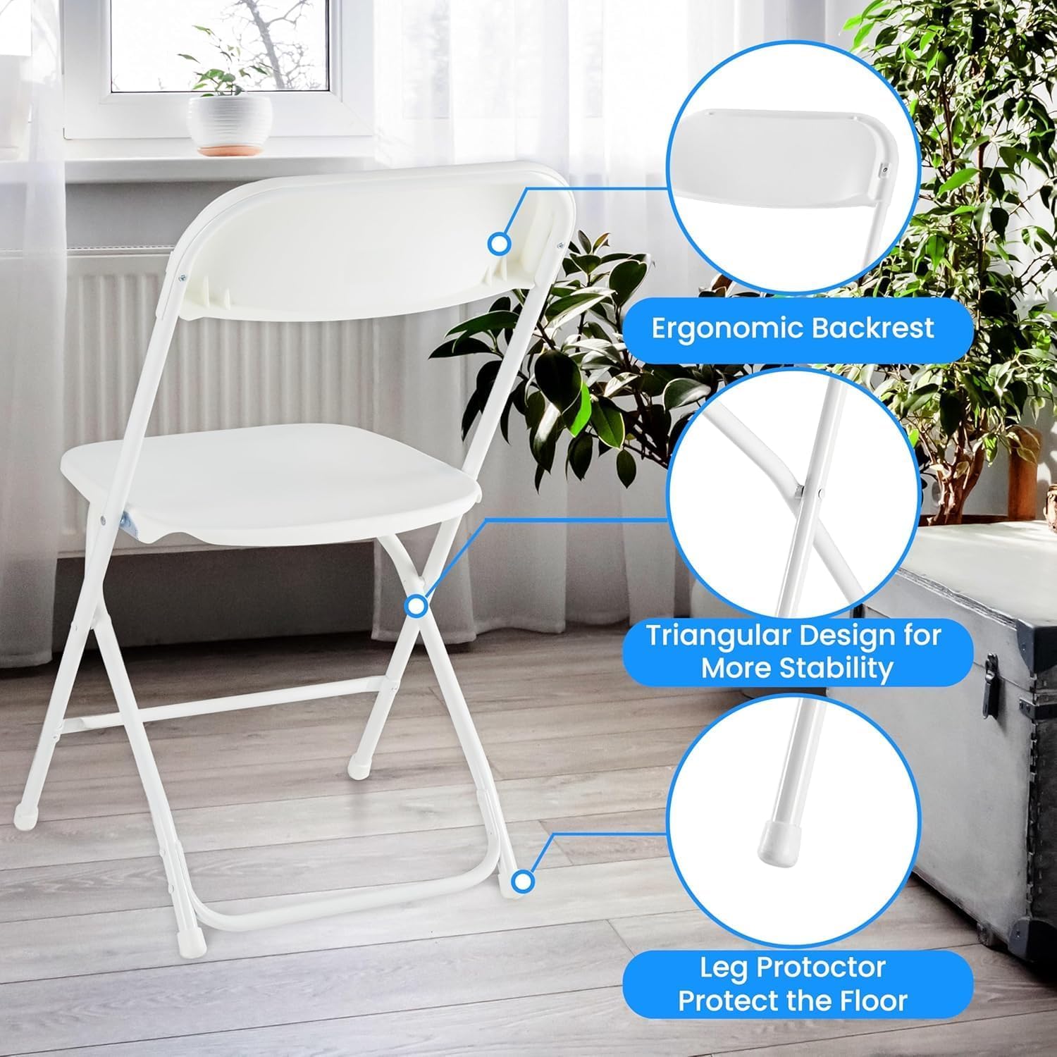 Simple Deluxe 4-Pack Folding Plastic Chair, Foldable Stackable Portable Seat with Metal Frame 330lb Capacity, Outdoor/Indoor Commercial for Party, Wedding, Event, Office, Patio, Picnic, Kitchen, White