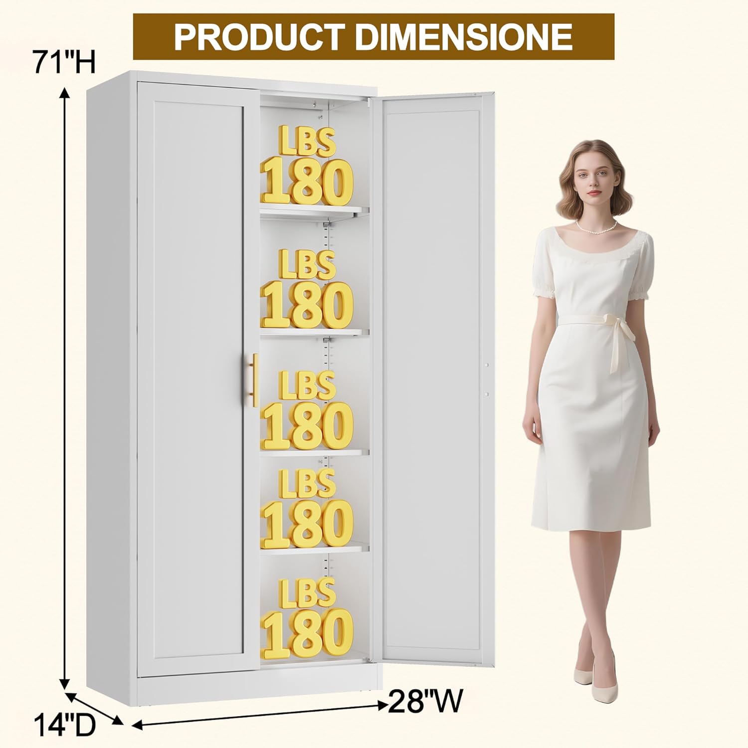 CJF White Kitchen Pantry Cabinet,71 Inch Tall Metal Storage Cabinet with 4 Adjustable Shelves and Doors, Freestanding Pantry Cabinet for Kitchen, Living Room, Dining Room, Bathroom, Easy to Assemble