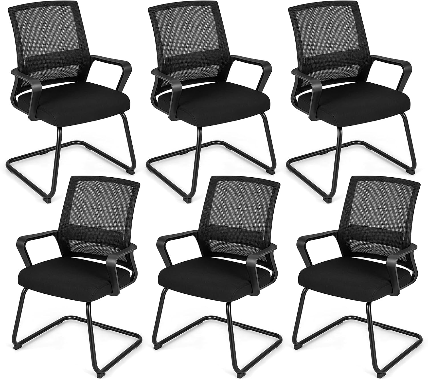 Tangkula Set of 6 Office Guest Chairs with Lumbar Support, Conference Chair with Breathable Mesh Back, Armrests & Sled Base, Reception Chair for Waiting Room, Meeting Room, Black