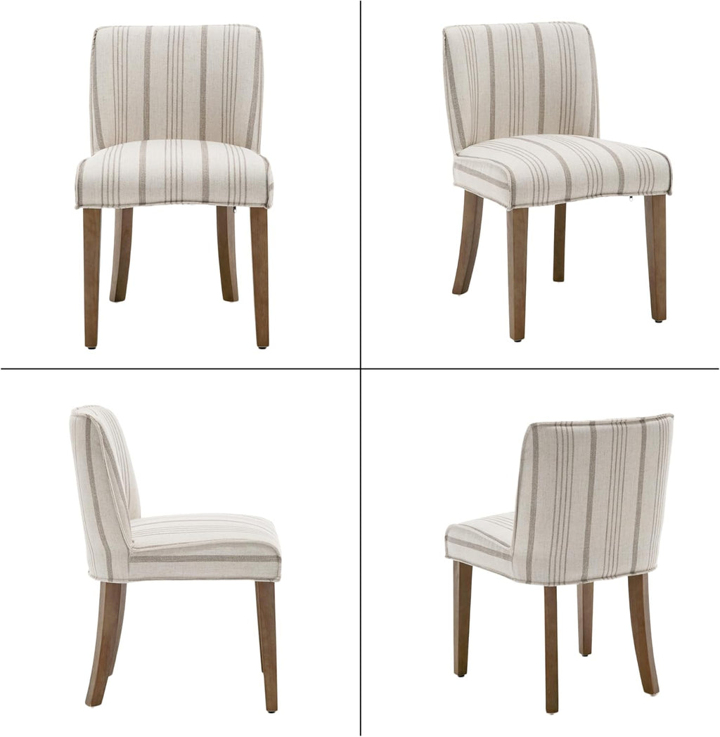 Mid-Century Dining Chairs Set of 4, Linen Fabric Khaki Striped Kitchen Chairs with Walnut Wood Leg Cushioned Back Modern Rustic Side Chairs for Living Room/Kitchen/Dining/Restaurant