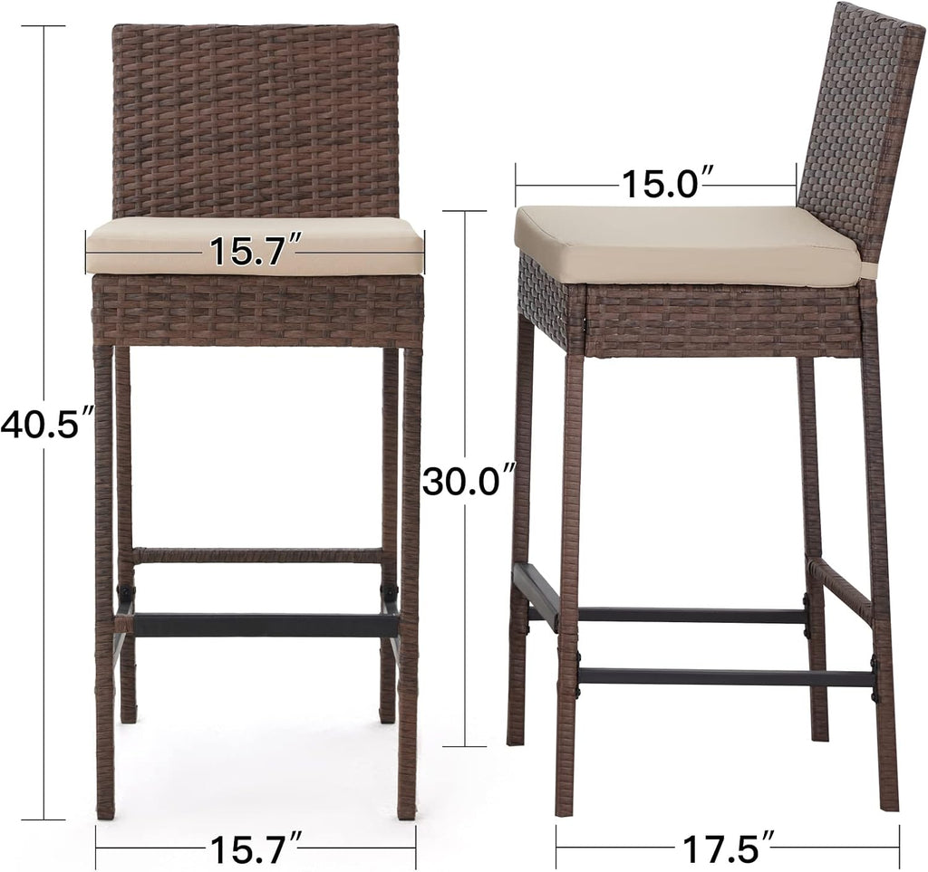 ECOTOUGE Rattan Bar Stools Set of 2, Patio Wicker Barstools with Cushions, Patio Bar Chairs Armless for Backyard, Poolside, Deck (Brown)