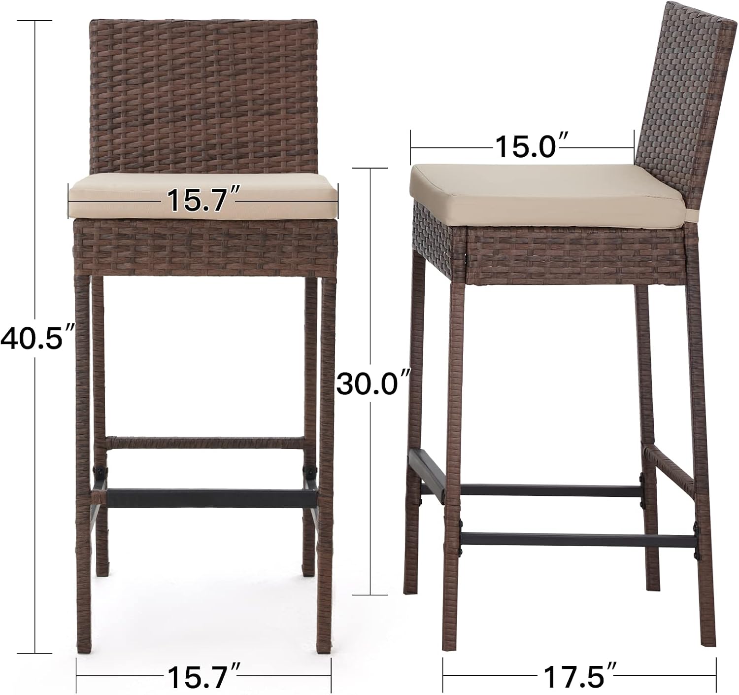 ECOTOUGE Rattan Bar Stools Set of 2, Patio Wicker Barstools with Cushions, Patio Bar Chairs Armless for Backyard, Poolside, Deck (Brown)