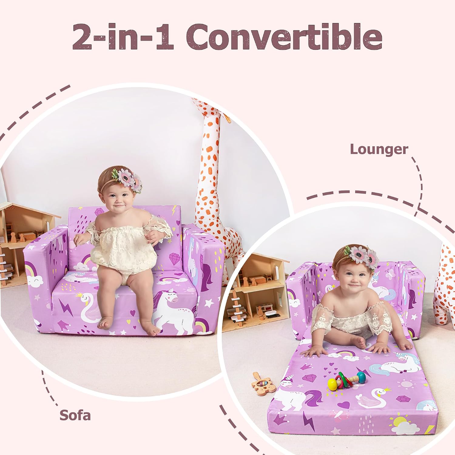 Kids Couch, 2-in-1 Toddler Sofa Fold Out, Soft Toddler Chair for Boys and Girls, Convertible Sofa to Lounger- Ideal for Napping, Reading, and Playing