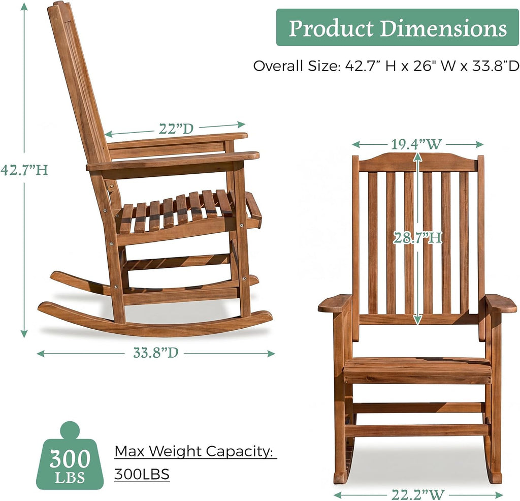 Devoko Outdoor Rocking Chair Acacia Wood Porch Rocking Chairs, Outdoor Chairs with Widened Armrest for Porch, Poolside, Balcony and Yard, Natural (2-Piece Chairs Set)
